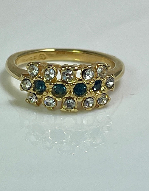 Load image into Gallery viewer, Vintage Ring Emerald or Sapphire and Clear Austrian Crystals 18k Gold Electroplated Cluster Made in USA by PVD Vintage Jewelry
