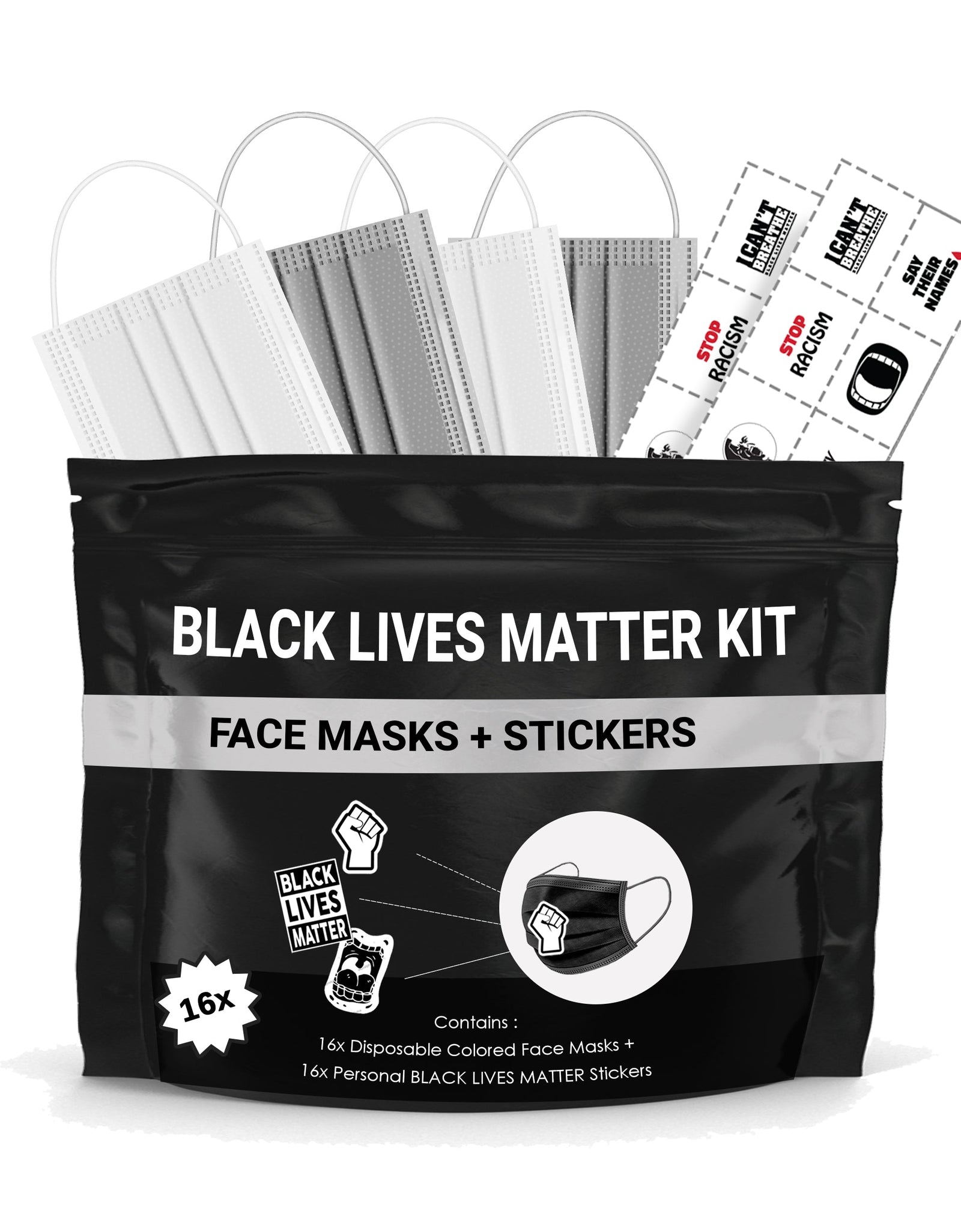 Black Lives Matter Mask Kit + Stickers. 16 Disposable Face Masks & 16 Assorted #BLM Movement Stickers by Skincareheaven