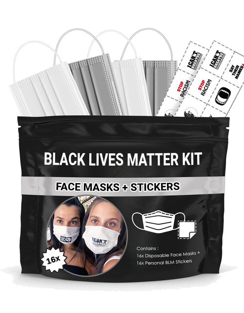 Load image into Gallery viewer, Black Lives Matter Mask Kit + Stickers. 16 Disposable Face Masks &amp; 16 Assorted #BLM Movement Stickers by Skincareheaven
