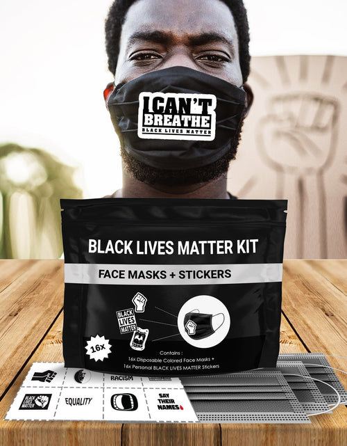 Load image into Gallery viewer, Black Lives Matter Mask Kit + Stickers. 16 Disposable Face Masks &amp; 16 Assorted #BLM Movement Stickers by Skincareheaven
