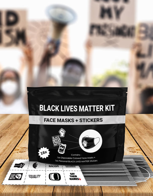 Load image into Gallery viewer, Black Lives Matter Mask Kit + Stickers. 16 Disposable Face Masks &amp; 16 Assorted #BLM Movement Stickers by Skincareheaven
