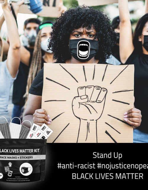 Load image into Gallery viewer, Black Lives Matter Mask Kit + Stickers. 16 Disposable Face Masks &amp; 16 Assorted #BLM Movement Stickers by Skincareheaven
