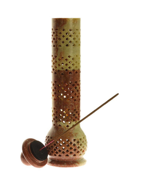 Load image into Gallery viewer, Soapstone Tower Genie cutwork carved Incense Burner - 10" by OMSutra
