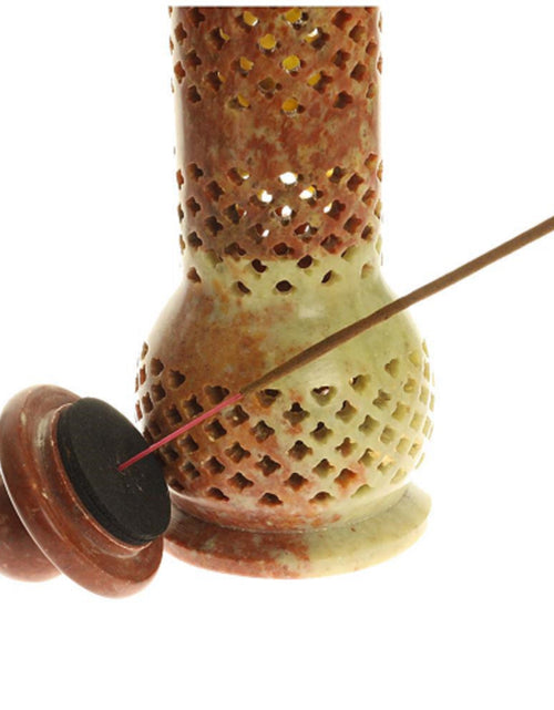 Load image into Gallery viewer, Soapstone Tower Genie cutwork carved Incense Burner - 10" by OMSutra
