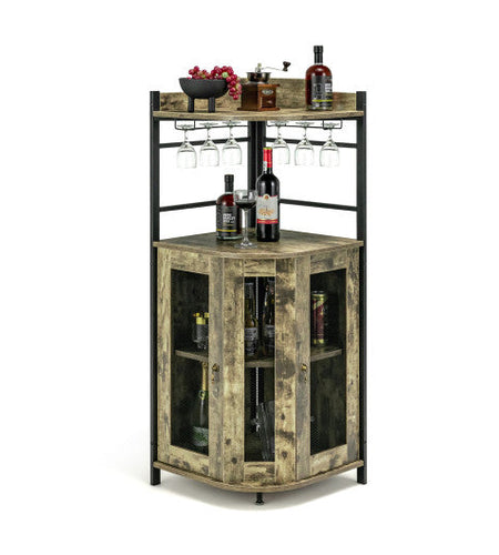 Industrial Corner Bar Cabinet with Glass Holder and Adjustable Shelf-Taupe