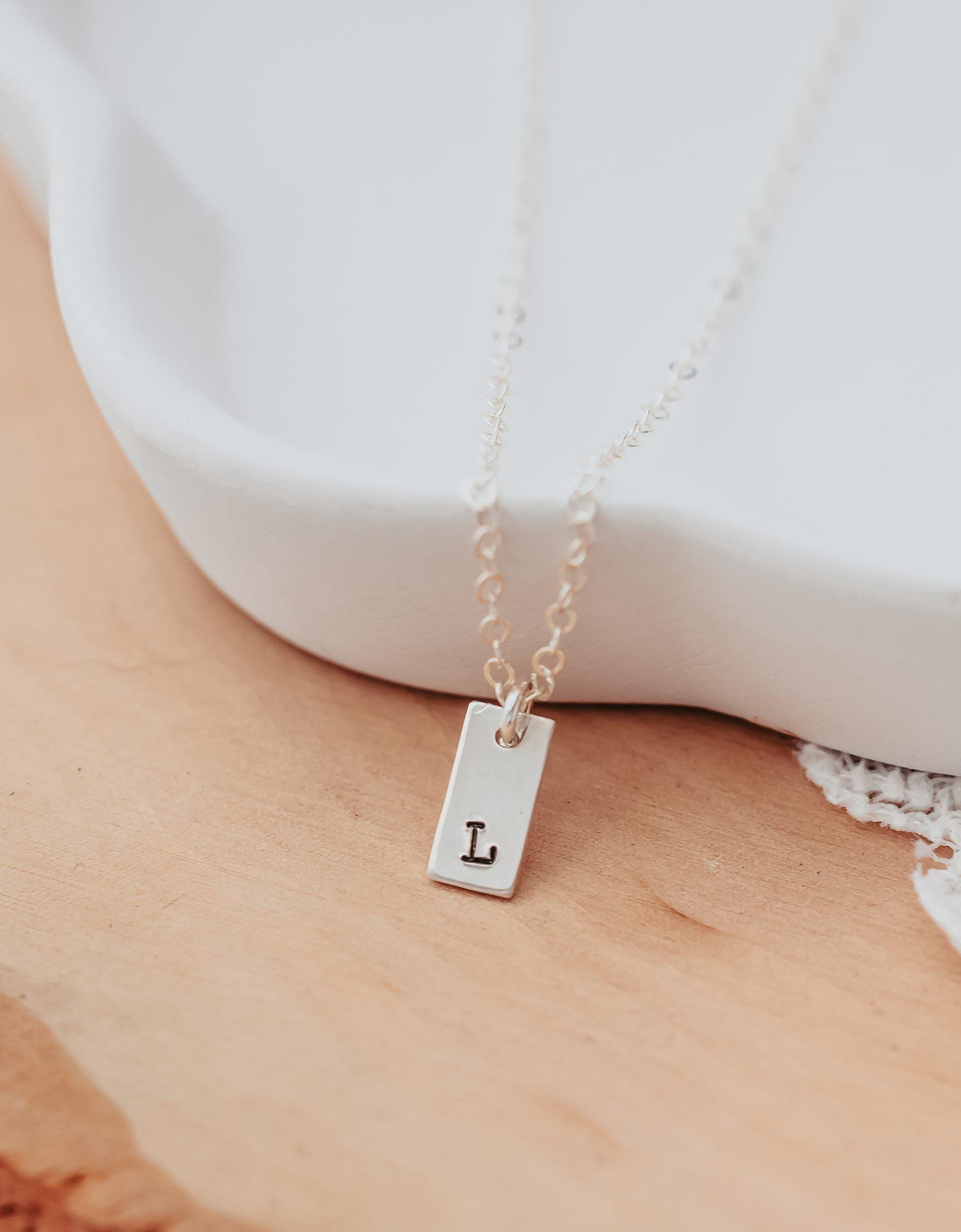 Initial Tiny Rectangle Tag Necklace by Salt and Sparkle