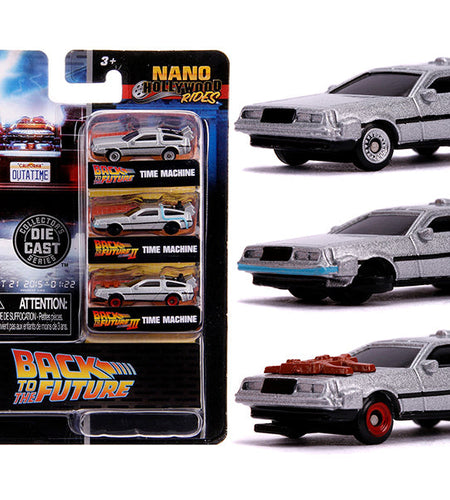 "Back to the Future" Time Machine 3 piece Set "Nano Hollywood Rides" Diecast Model Cars by Jada