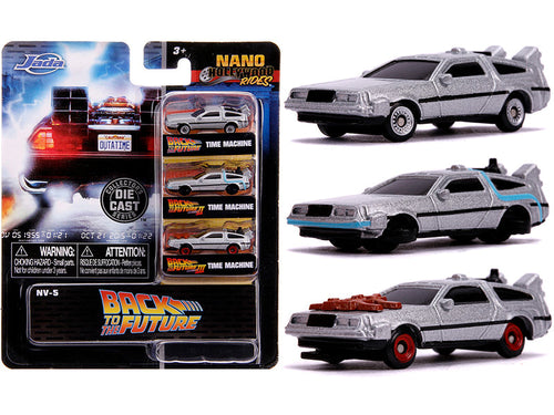 Load image into Gallery viewer, "Back to the Future" Time Machine 3 piece Set "Nano Hollywood Rides" Diecast Model Cars by Jada
