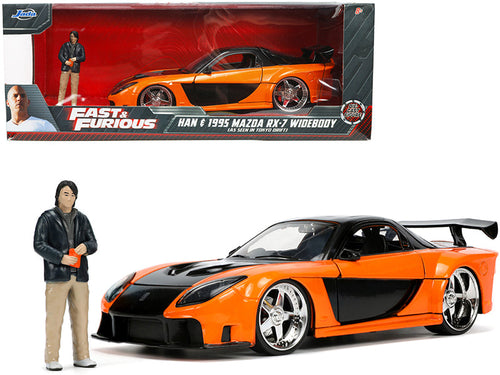 Load image into Gallery viewer, 1995 Mazda RX-7 Widebody RHD (Right Hand Drive) Orange Metallic and Black with Han Diecast Figurine "The Fast and the Furious: Tokyo Drift" (2006) Movie 1/24 Diecast Model Car by Jada
