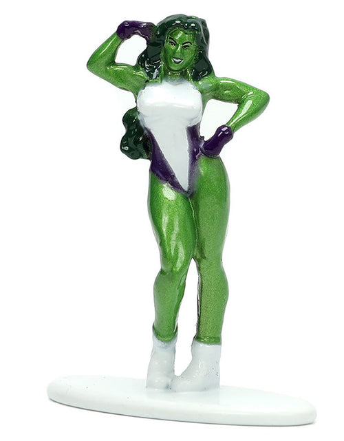 Load image into Gallery viewer, 1973 Plymouth Barracuda Green Metallic and White and She-Hulk Diecast Figure "The Savage She-Hulk" "Hollywood Rides" Series 1/32 Diecast Model Car by Jada

