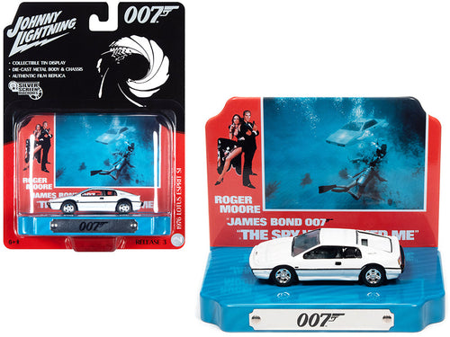 Load image into Gallery viewer, 1976 Lotus Esprit S1 White with Collectible Tin Display "007" (James Bond) "The Spy Who Loved Me" (1977) Movie (10th in the James Bond Series) 1/64 Diecast Model Car by Johnny Lightning
