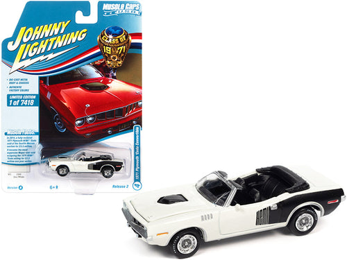 Load image into Gallery viewer, 1971 Plymouth Barracuda Convertible Sno White with Black Hemi Side Billboards "Class of 1971" Limited Edition to 7418 pieces Worldwide "Muscle Cars USA" Series 1/64 Diecast Model Car by Johnny Lightning
