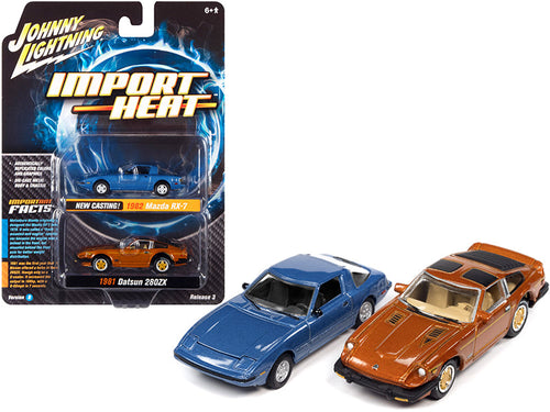 Load image into Gallery viewer, 1982 Mazda RX-7 Blue Metallic and 1981 Datsun 280ZX Orange Mist Metallic "Import Heat" Set of 2 Cars 1/64 Diecast Model Cars by Johnny Lightning
