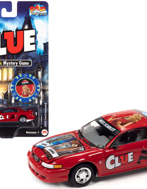Load image into Gallery viewer, 2000 Ford Mustang "Miss Scarlet" Red with Graphics with Poker Chip (Collector Token) "Modern Clue" "Pop Culture" 2022 Release 1 1/64 Diecast Model Car by Johnny Lightning
