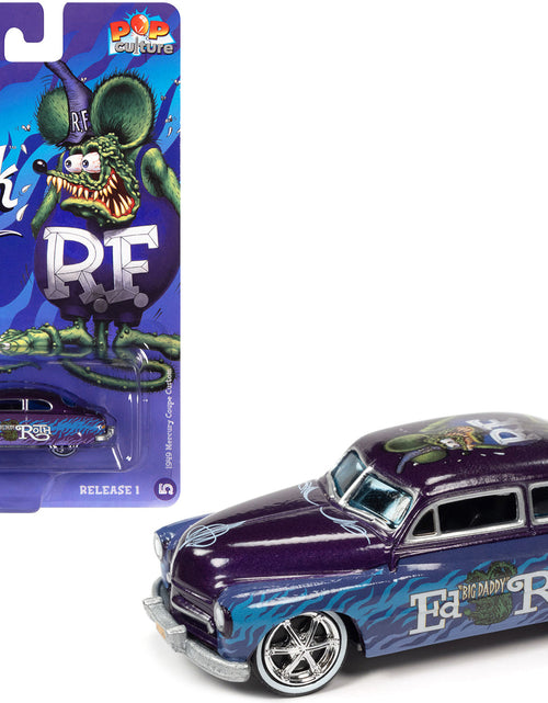 Load image into Gallery viewer, 1949 Mercury Coupe Custom Purple Metallic with Graphics "Rat Fink" "Pop Culture" 2022 Release 1 1/64 Diecast Model Car by Johnny Lightning
