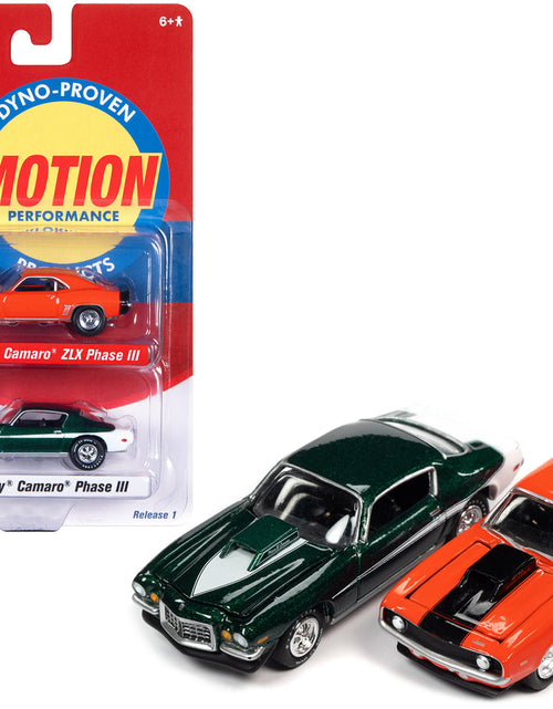 Load image into Gallery viewer, 1969 Chevrolet Camaro ZLX Phase III Hugger Orange with Black Stripes and 1973 Chevrolet Camaro Phase III Dark Green Metallic and White "Baldwin Motion" Set of 2 Cars 1/64 Diecast Model Cars by Johnny Lightning
