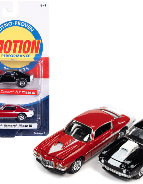 Load image into Gallery viewer, 1969 Chevrolet Camaro ZLX Phase III Black with White Stripes and 1973 Chevrolet Camaro Phase III Medium Red and White "Baldwin Motion" Set of 2 Cars 1/64 Diecast Model Cars by Johnny Lightning

