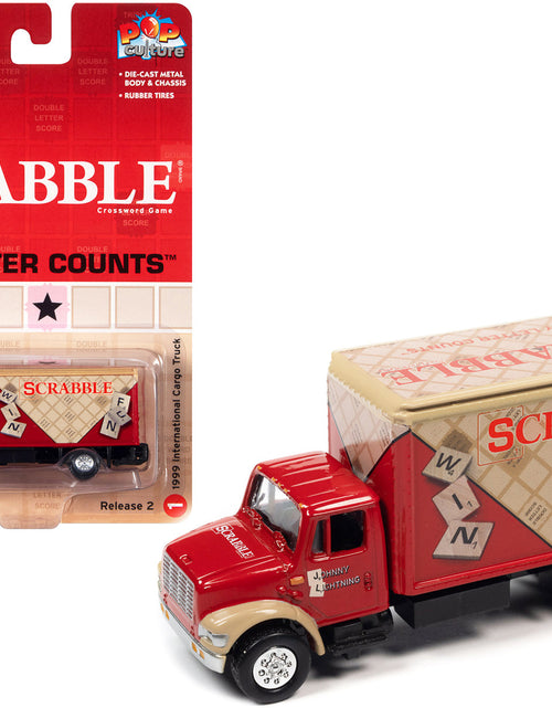 Load image into Gallery viewer, 1999 International Cargo Truck Red with Graphics "Scrabble" "Pop Culture" 2022 Release 2 1/64 Diecast Model Car by Johnny Lightning
