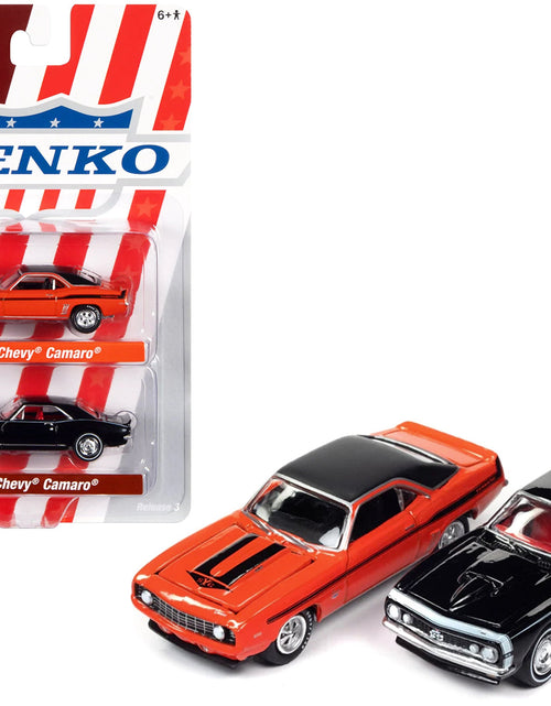 Load image into Gallery viewer, 1969 Chevrolet Camaro Hugger Orange with Black Top and Stripes and 1967 Chevrolet Camaro Black with White Stripe and Red Interior "Yenko" Series Set of 2 Cars 1/64 Diecast Model Cars by Johnny Lightning

