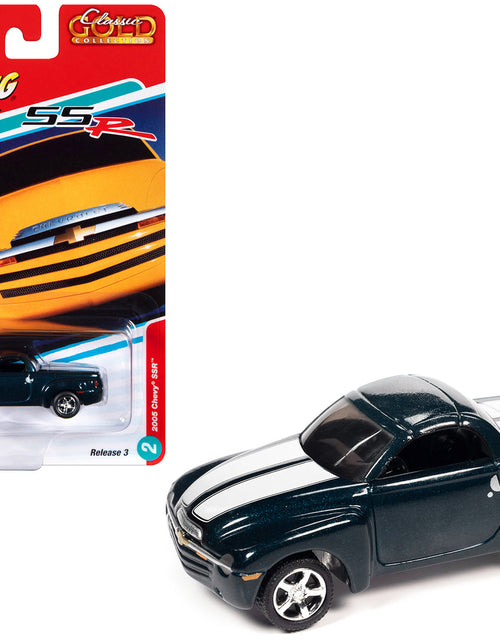 Load image into Gallery viewer, 2005 Chevrolet SSR Pickup Truck Bermuda Blue Metallic with White Stripes "Classic Gold Collection" Series Limited Edition to 8476 pieces Worldwide 1/64 Diecast Model Car by Johnny Lightning
