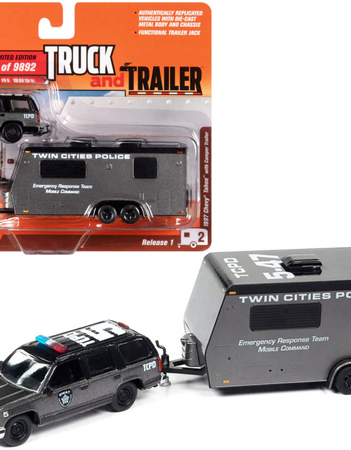 Load image into Gallery viewer, 1997 Chevrolet Tahoe "SWAT" Custom Gray Metallic and Black with "Twin Cities Police" Camper Trailer Limited Edition to 9892 pieces Worldwide "Truck and Trailer" Series 1/64 Diecast Model Car by Johnny Lightning
