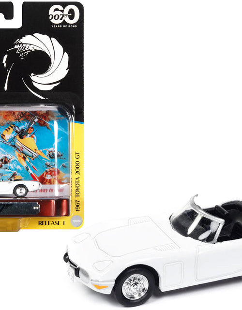Load image into Gallery viewer, 1967 Toyota 2000 GT Convertible RHD (Right Hand Drive) White 007 (James Bond) "You Only Live Twice" (1967) Movie with Collectible Tin Display "Silver Screen Machines" Series 1/64 Diecast Model Car by Johnny Lightning
