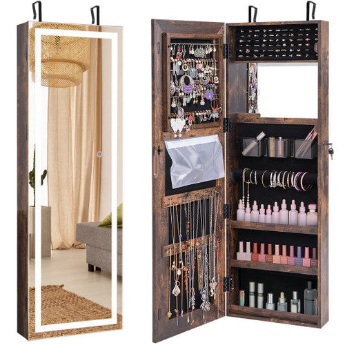Load image into Gallery viewer, Mirrored Jewelry Armoire with Full Length Mirror and 2 Internal LED Lights-Rustic Brown
