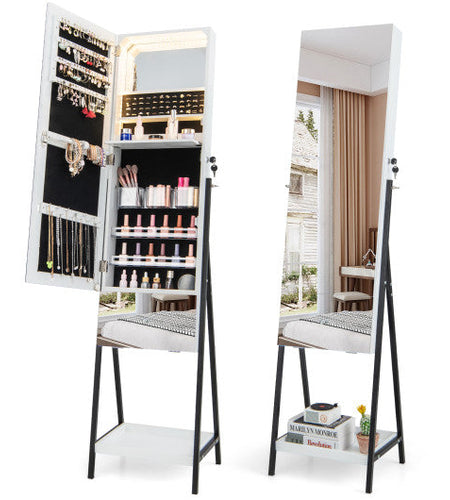 Lockable Freestanding Jewelry Organizer with Full-Length Frameless Mirror-White