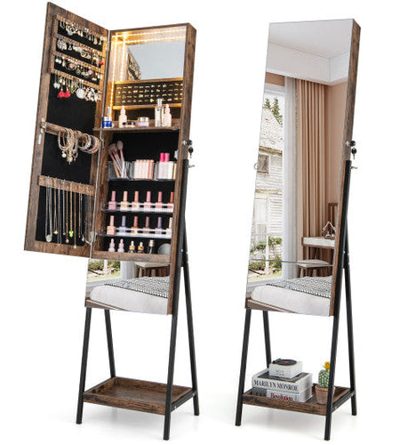 Lockable Freestanding Jewelry Organizer with Full-Length Frameless Mirror-Rustic Brown