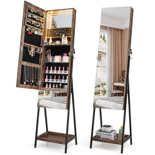 Load image into Gallery viewer, Lockable Freestanding Jewelry Organizer with Full-Length Frameless Mirror-Rustic Brown

