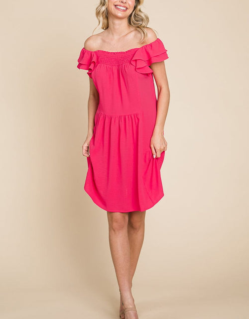 Load image into Gallery viewer, Smocked Ruffle Sleeve Off Shoulder Dress by RolyPoly Apparel
