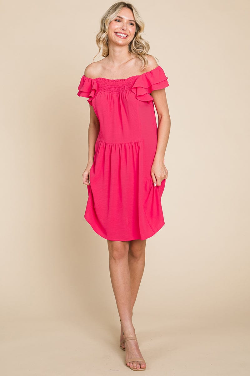 Smocked Ruffle Sleeve Off Shoulder Dress by RolyPoly Apparel