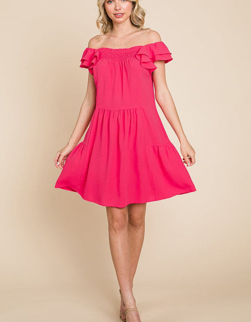 Load image into Gallery viewer, Smocked Ruffle Sleeve Off Shoulder Dress by RolyPoly Apparel
