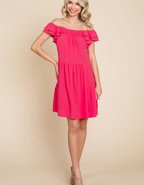 Load image into Gallery viewer, Smocked Ruffle Sleeve Off Shoulder Dress by RolyPoly Apparel
