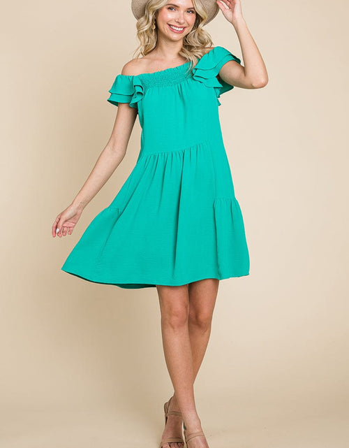 Load image into Gallery viewer, Smocked Ruffle Sleeve Off Shoulder Dress by RolyPoly Apparel
