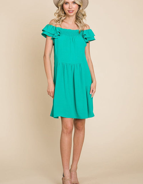 Load image into Gallery viewer, Smocked Ruffle Sleeve Off Shoulder Dress by RolyPoly Apparel
