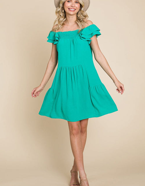 Load image into Gallery viewer, Smocked Ruffle Sleeve Off Shoulder Dress by RolyPoly Apparel
