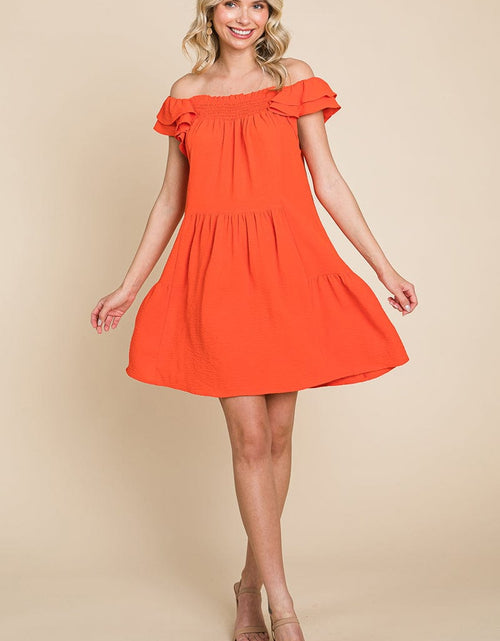 Load image into Gallery viewer, Smocked Ruffle Sleeve Off Shoulder Dress by RolyPoly Apparel
