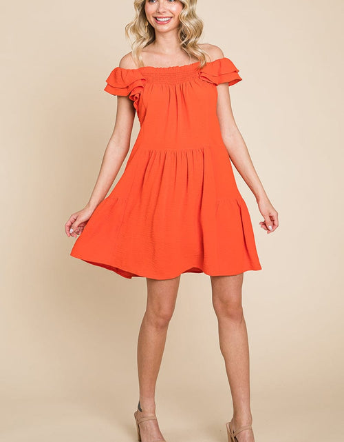 Load image into Gallery viewer, Smocked Ruffle Sleeve Off Shoulder Dress by RolyPoly Apparel
