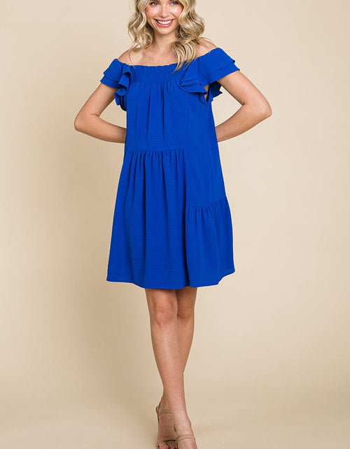 Load image into Gallery viewer, Smocked Ruffle Sleeve Off Shoulder Dress by RolyPoly Apparel

