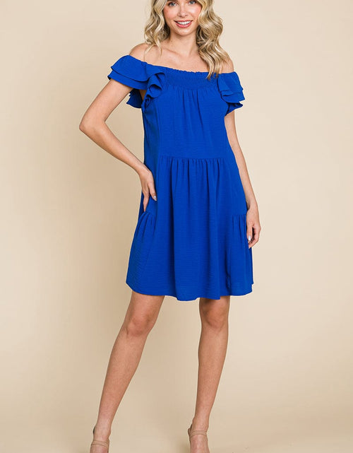 Load image into Gallery viewer, Smocked Ruffle Sleeve Off Shoulder Dress by RolyPoly Apparel
