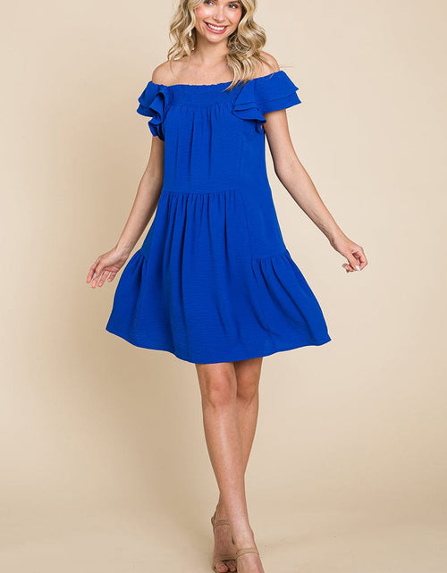 Load image into Gallery viewer, Smocked Ruffle Sleeve Off Shoulder Dress by RolyPoly Apparel
