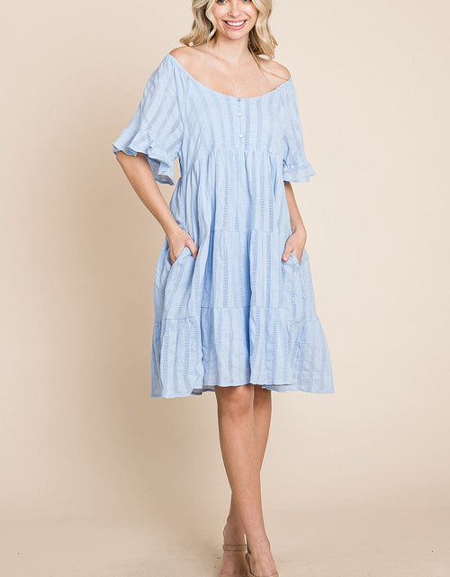 Load image into Gallery viewer, Stripe Textured Tiered Flutter Sleeve Cotton Dress by RolyPoly Apparel
