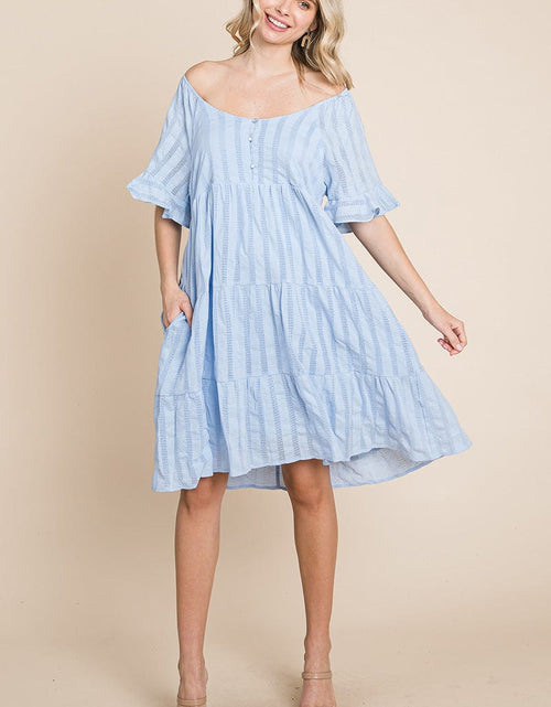 Load image into Gallery viewer, Stripe Textured Tiered Flutter Sleeve Cotton Dress by RolyPoly Apparel

