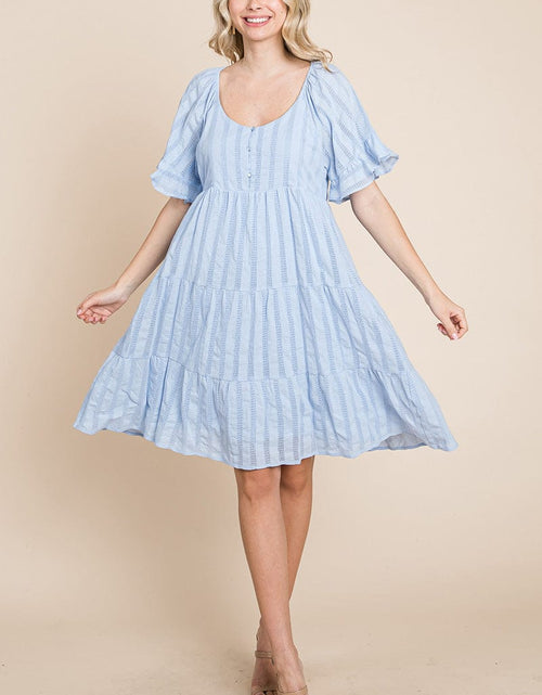 Load image into Gallery viewer, Stripe Textured Tiered Flutter Sleeve Cotton Dress by RolyPoly Apparel
