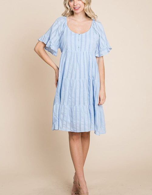 Load image into Gallery viewer, Stripe Textured Tiered Flutter Sleeve Cotton Dress by RolyPoly Apparel
