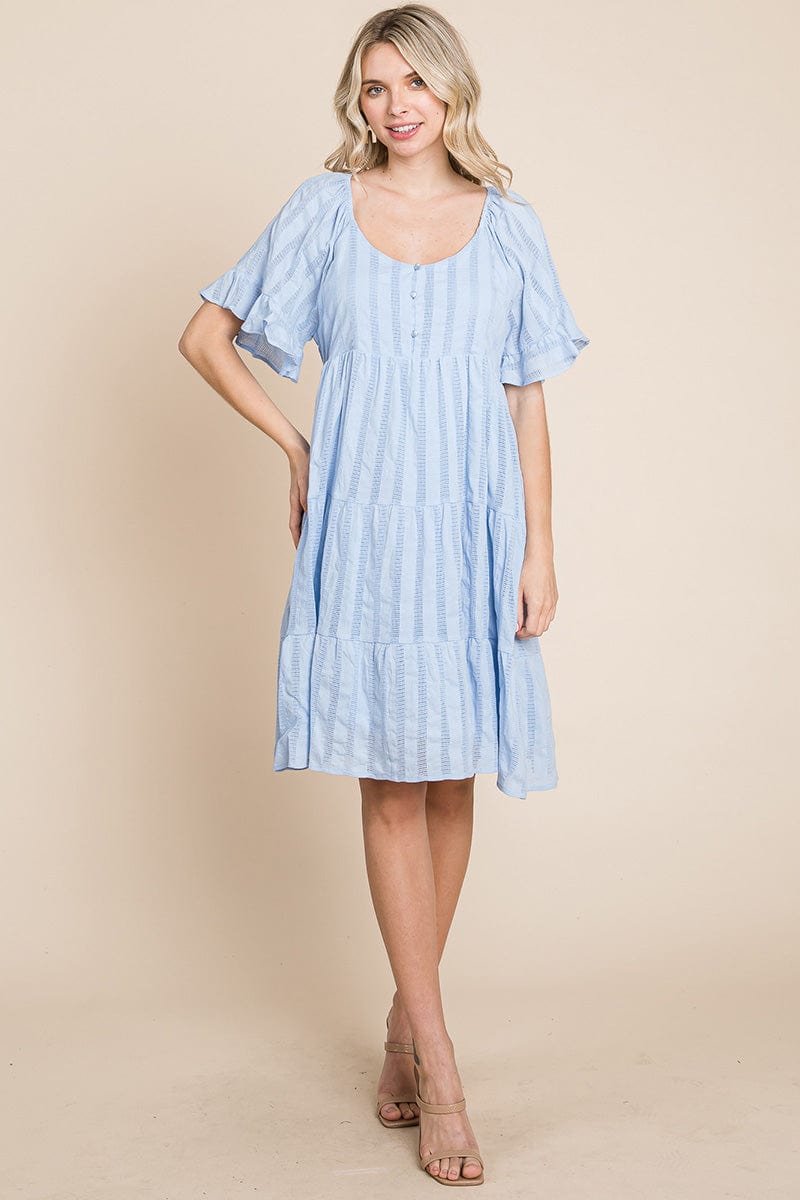Stripe Textured Tiered Flutter Sleeve Cotton Dress by RolyPoly Apparel