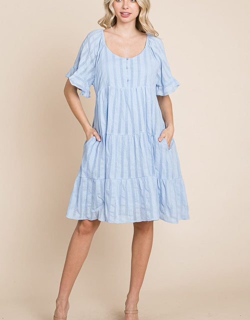 Load image into Gallery viewer, Stripe Textured Tiered Flutter Sleeve Cotton Dress by RolyPoly Apparel
