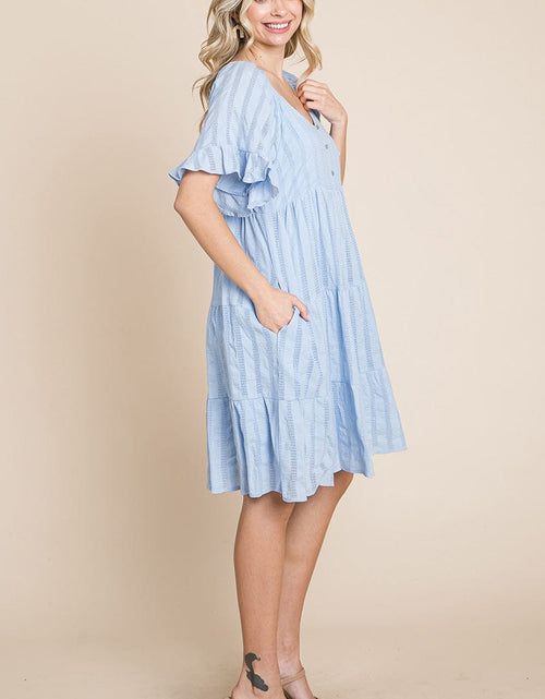 Load image into Gallery viewer, Stripe Textured Tiered Flutter Sleeve Cotton Dress by RolyPoly Apparel
