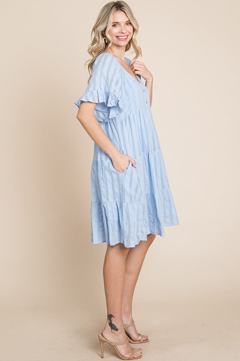 Stripe Textured Tiered Flutter Sleeve Cotton Dress by RolyPoly Apparel